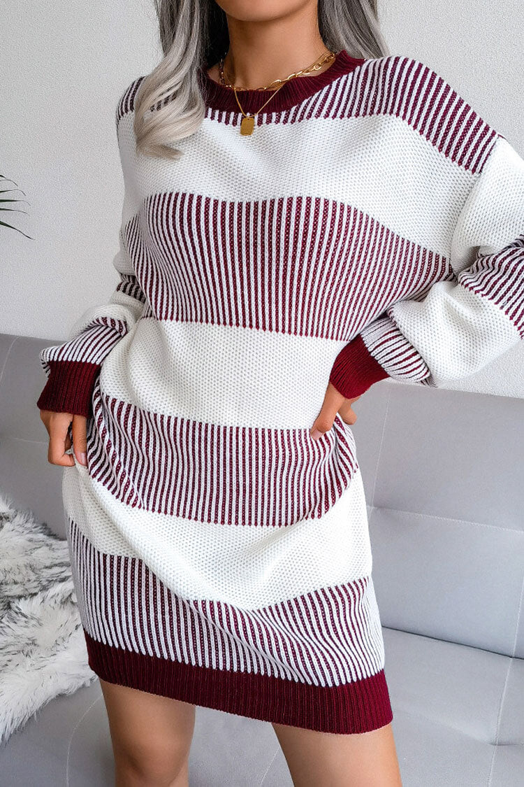 Sleeve Long Textured Striped Knit Winter Sweater Mini Dress - Wine Red