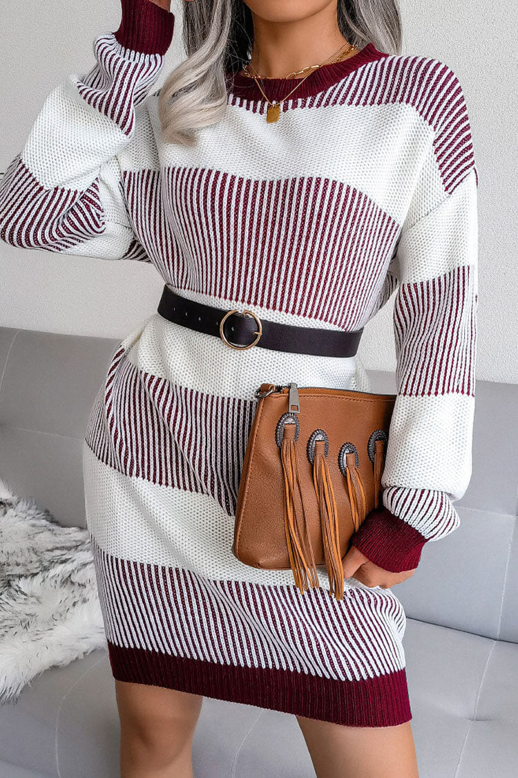 Sleeve Long Textured Striped Knit Winter Sweater Mini Dress - Wine Red