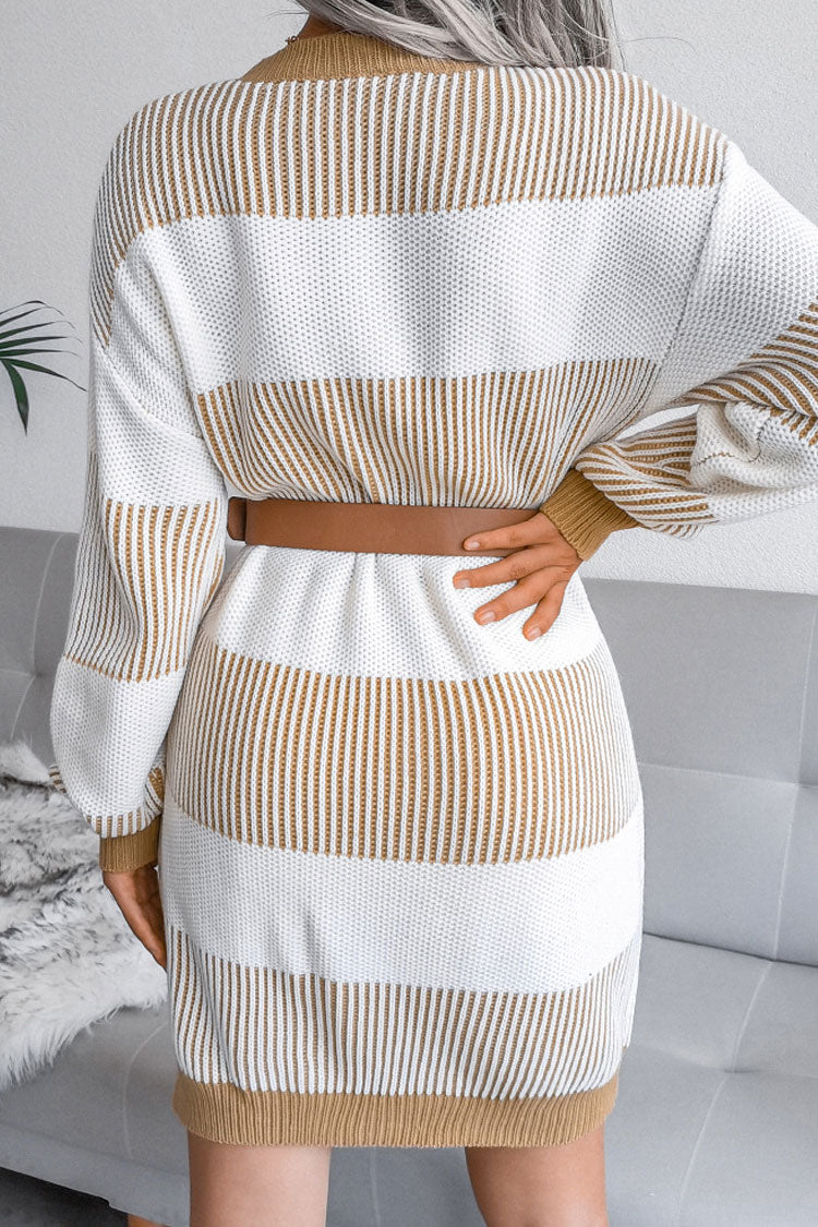 Sleeve Long Textured Striped Knit Winter Sweater Mini Dress - Khaki