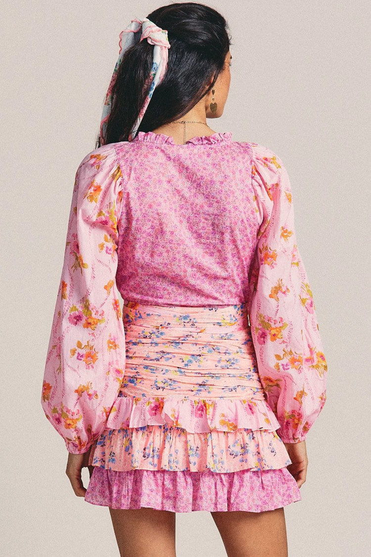 Long Sleeve Tiered Ruffle Flower Printed Mini Dress - Pink