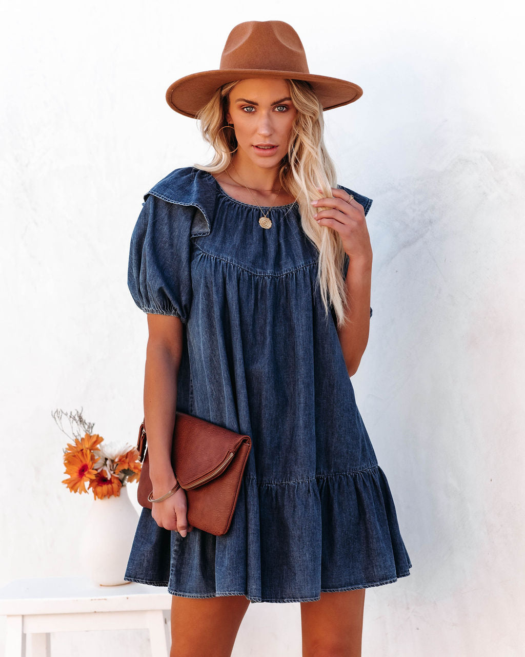 Cotton Luis Puff Sleeve Babydoll Dress Dark Wash