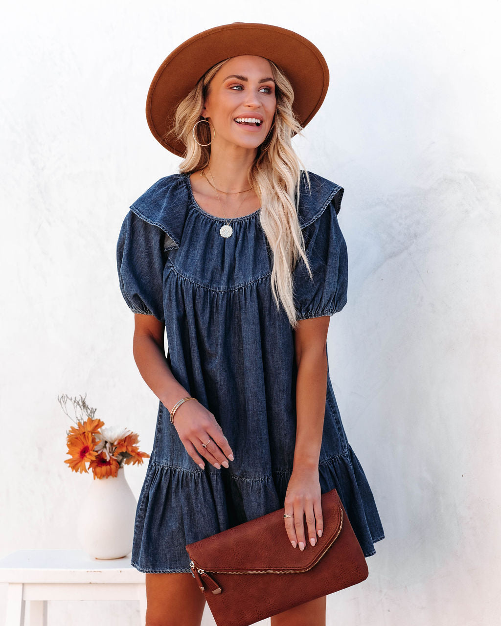 Cotton Luis Puff Sleeve Babydoll Dress Dark Wash