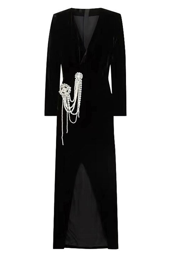 Deluxe Deep V Long Sleeve Pearl Embellished Split Velvet Evening Maxi Dress - Black