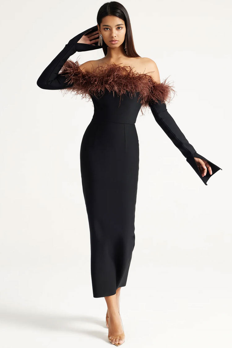 Premium Feather Trim Off Shoulder Split Sleeve Bandage Cocktail Midi Dress - Black