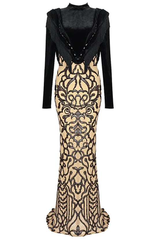 Premium Fringe Long Sleeve Fishtail Sequin Embellished Maxi Dress - Black