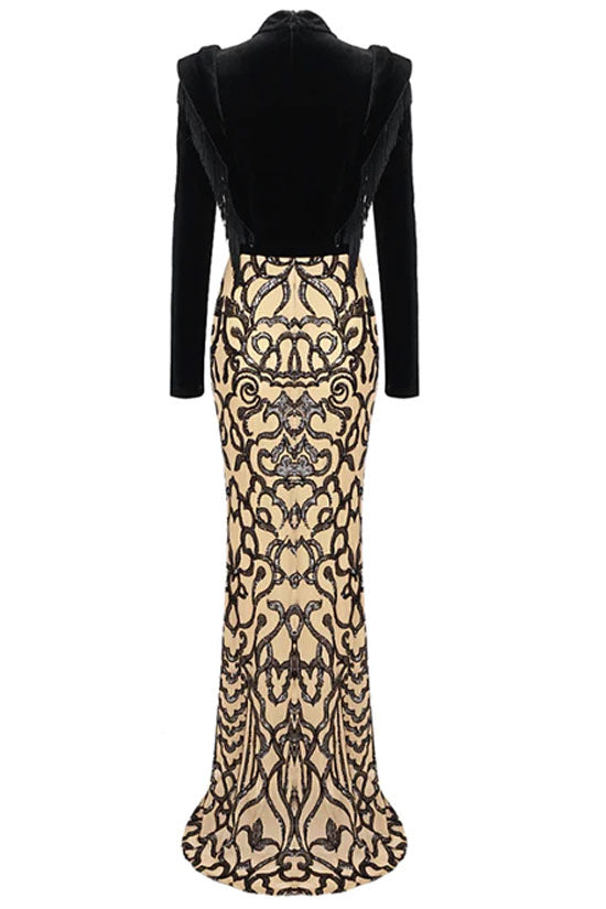 Premium Fringe Long Sleeve Fishtail Sequin Embellished Maxi Dress - Black