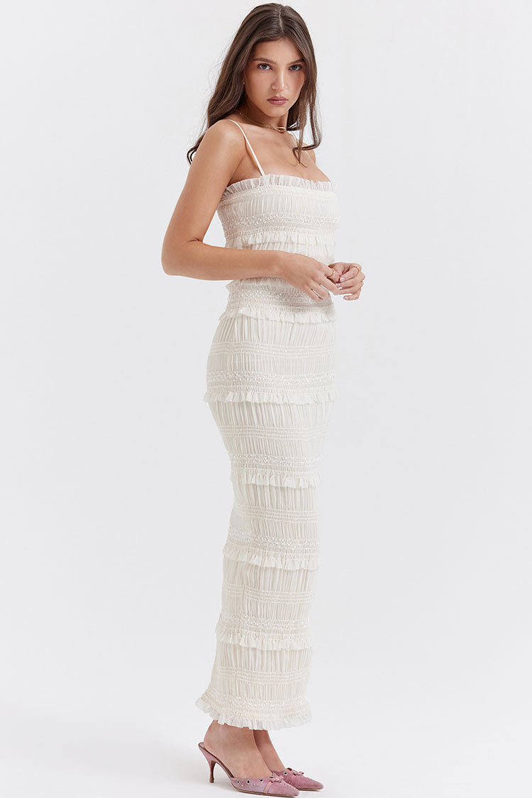 Premium Layered Ruffle Spaghetti Strap Smocked Pleated Evening Maxi Dress - Ivory