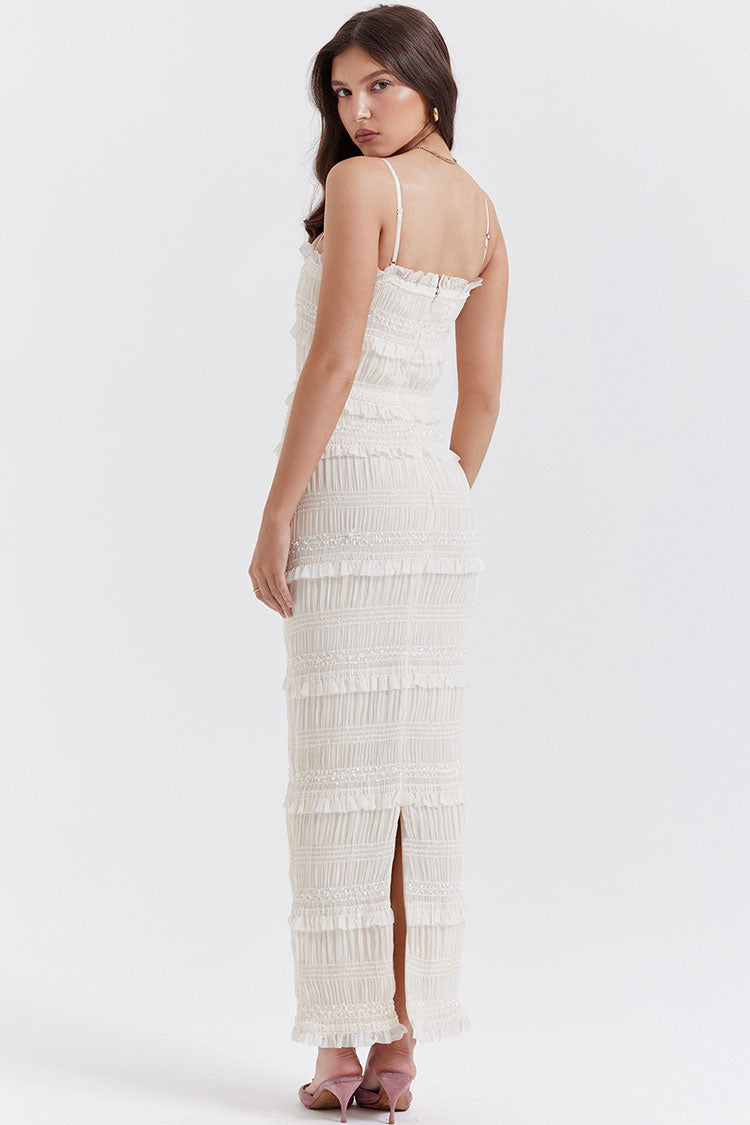 Premium Layered Ruffle Spaghetti Strap Smocked Pleated Evening Maxi Dress - Ivory