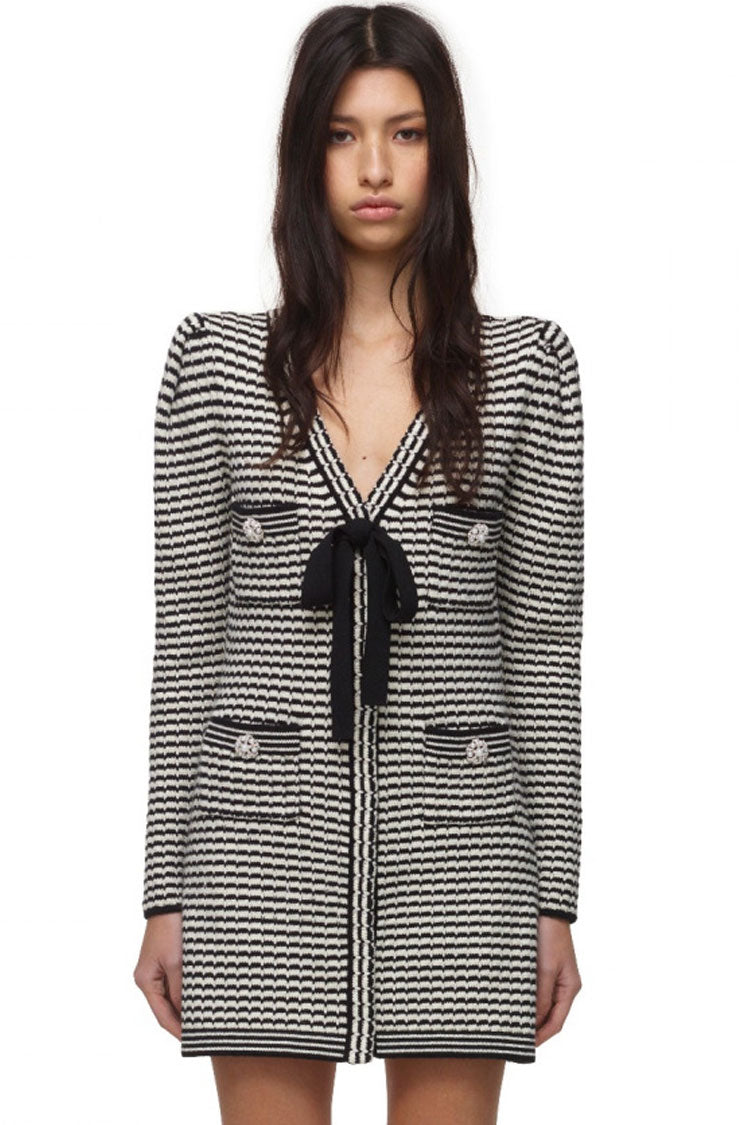 Upscale Long Sleeve Bow V Neck Winter Sweater Mini Dress - Stripe