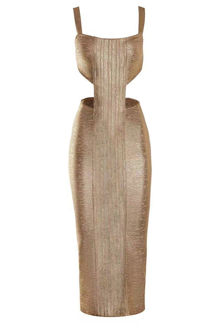 Premium Metallic Bandage Cutout Bodycon Split Cocktail Party Midi Dress - Gold