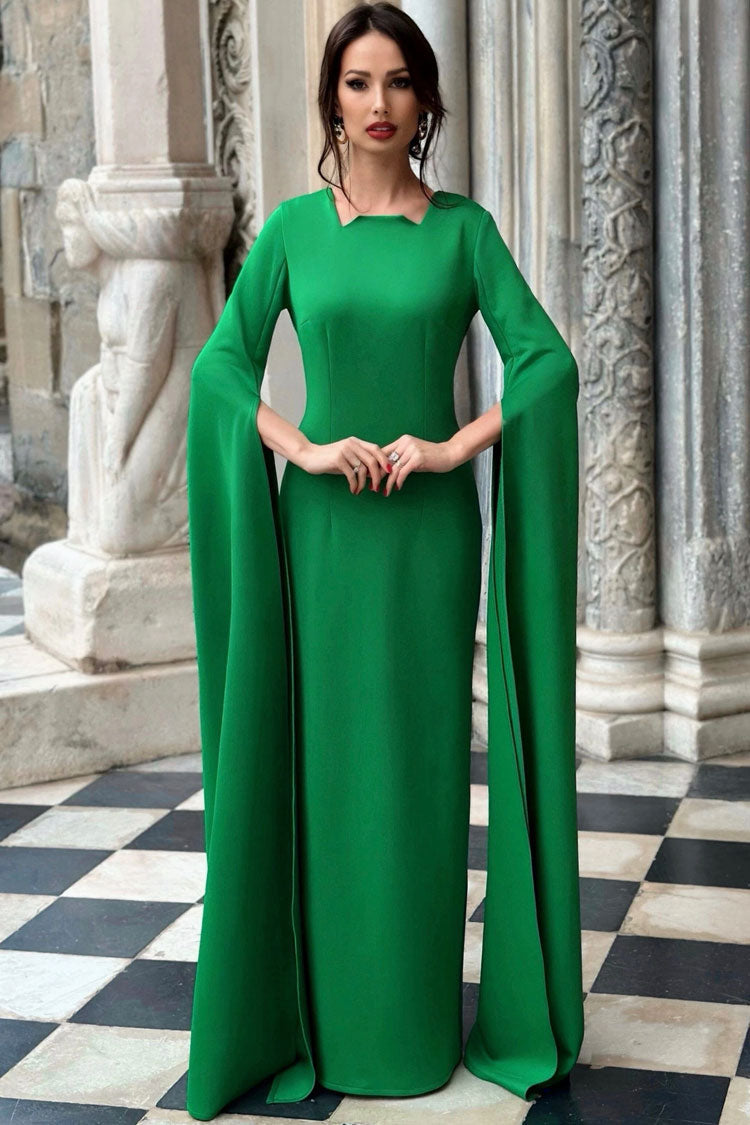 Deluxe Notched Crew Neck Cape Sleeve A Line Evening Gown Maxi Dress - Green