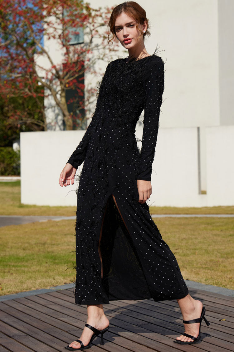 Premium Rhinestone Faux Feather Trim Split Mesh Evening Maxi Dress - Black