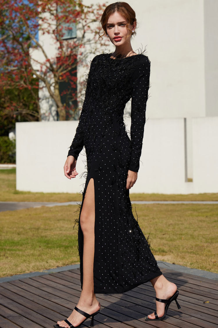 Premium Rhinestone Faux Feather Trim Split Mesh Evening Maxi Dress - Black
