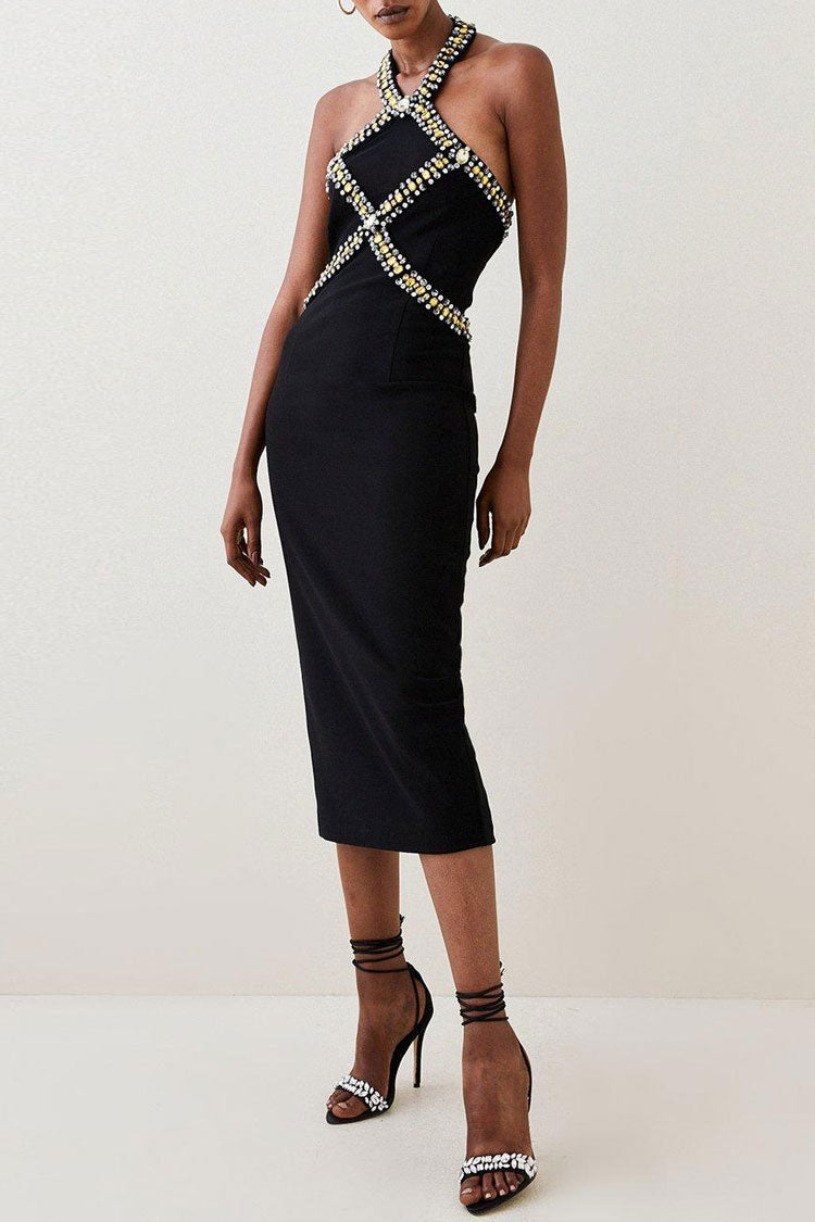 Premium Rhinestone Halter Neck Bodycon Bandage Cocktail Party Midi Dress - Black