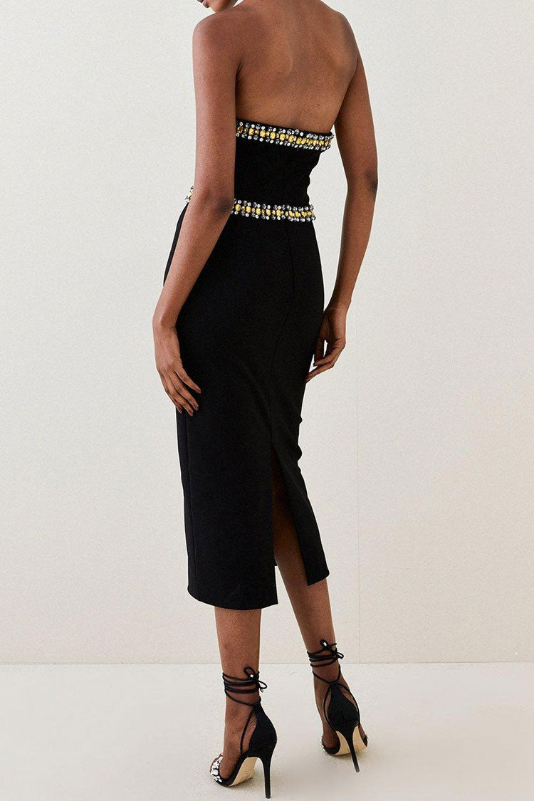 Premium Rhinestone Halter Neck Bodycon Bandage Cocktail Party Midi Dress - Black
