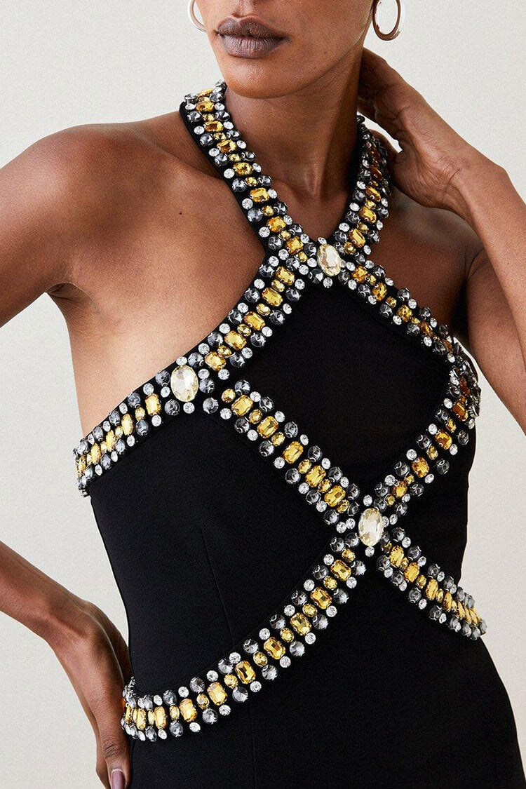 Premium Rhinestone Halter Neck Bodycon Bandage Cocktail Party Midi Dress - Black