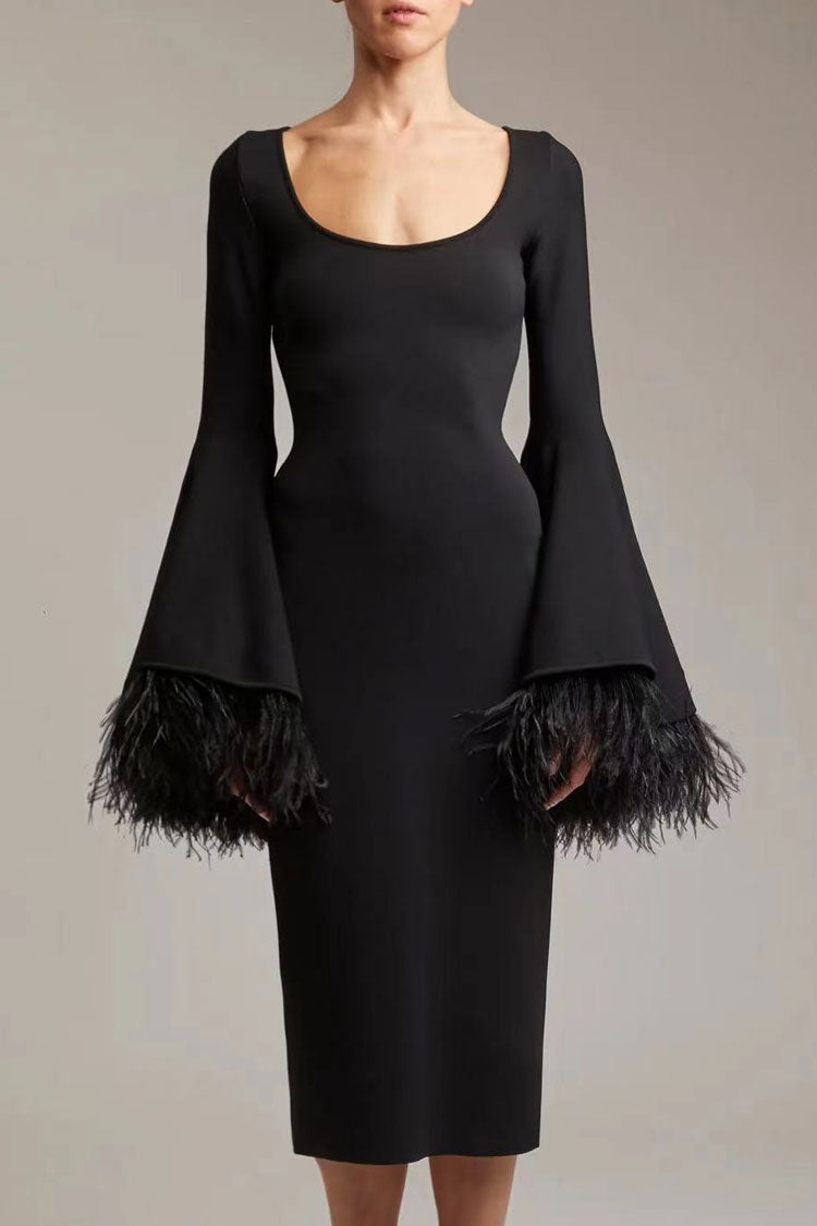 Premium Scoop Neck Feather Cuff Long Sleeve Bandage Cocktail Midi Dress - Black