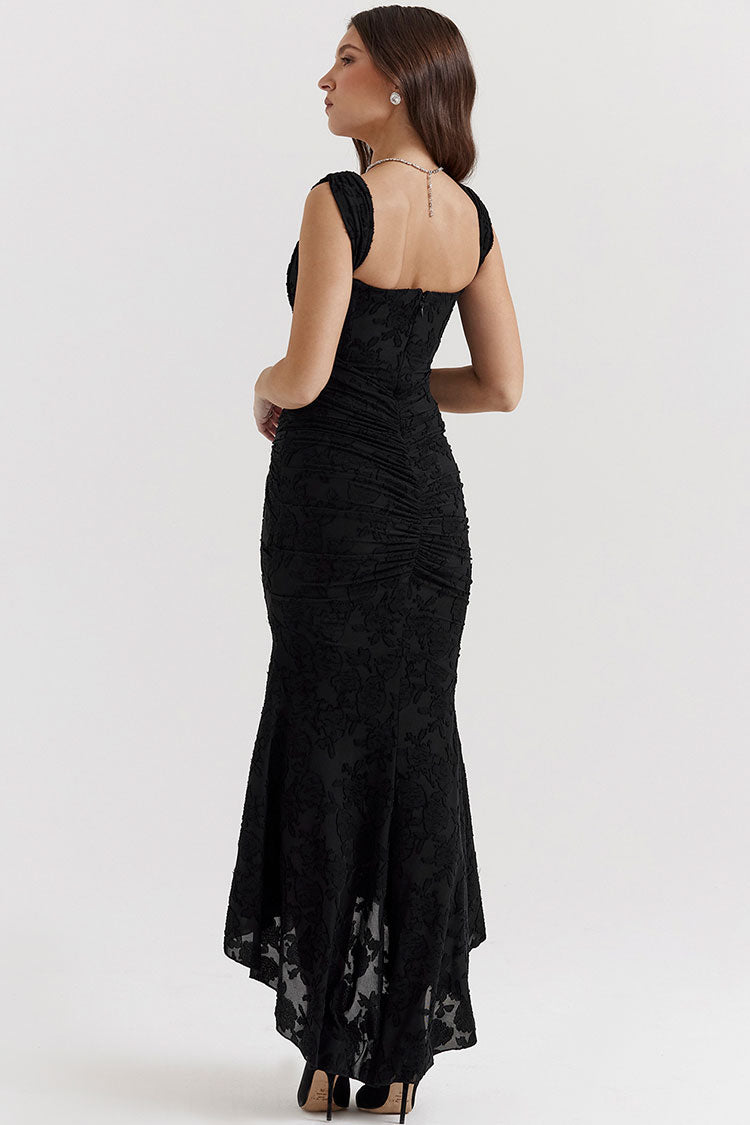 Premium Textured Floral Ruched Corset Sleeveless Fishtail Evening Dress - Black