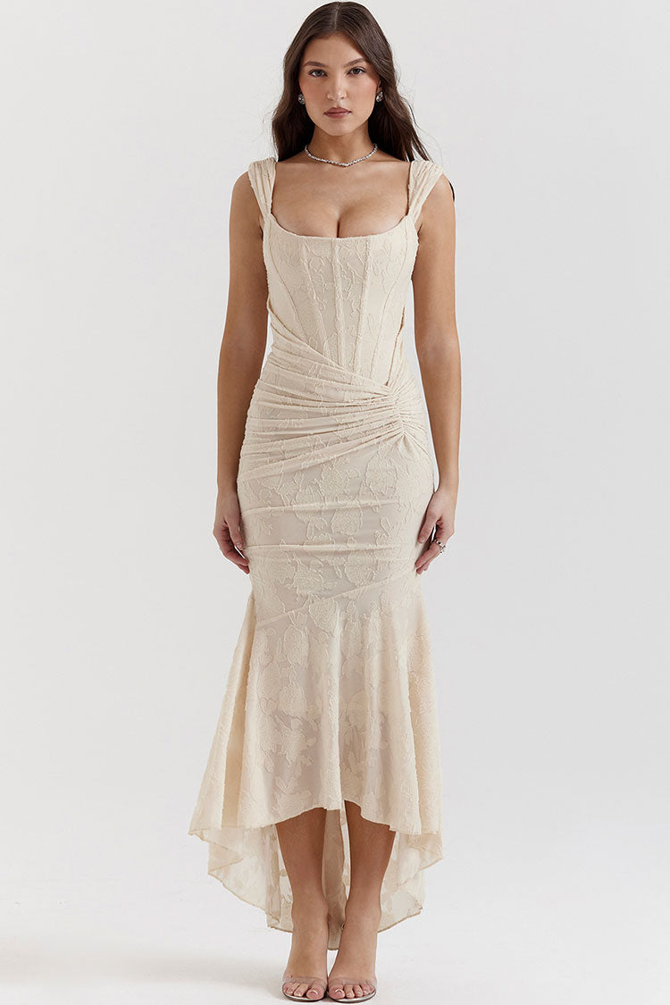 Premium Textured Floral Ruched Corset Sleeveless Fishtail Evening Dress - Cream