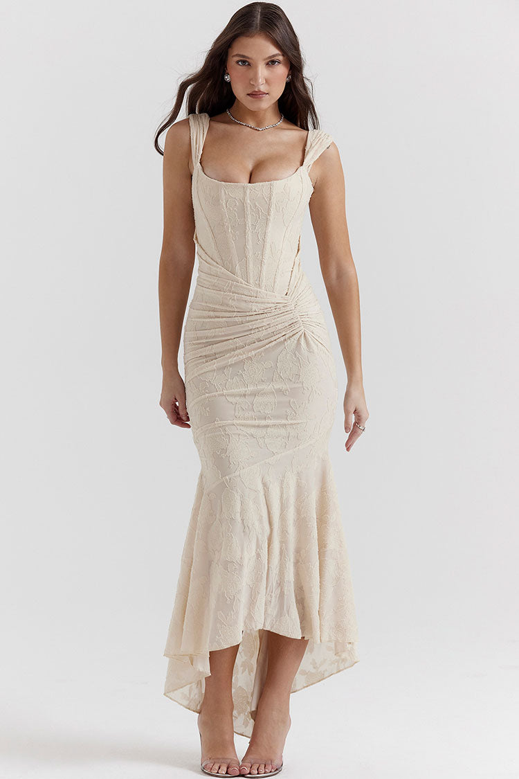 Premium Textured Floral Ruched Corset Sleeveless Fishtail Evening Dress - Cream