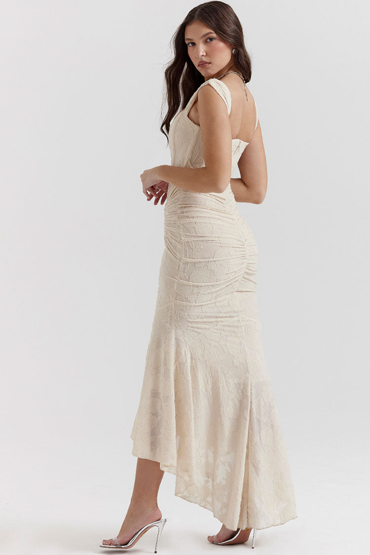 Premium Textured Floral Ruched Corset Sleeveless Fishtail Evening Dress - Cream