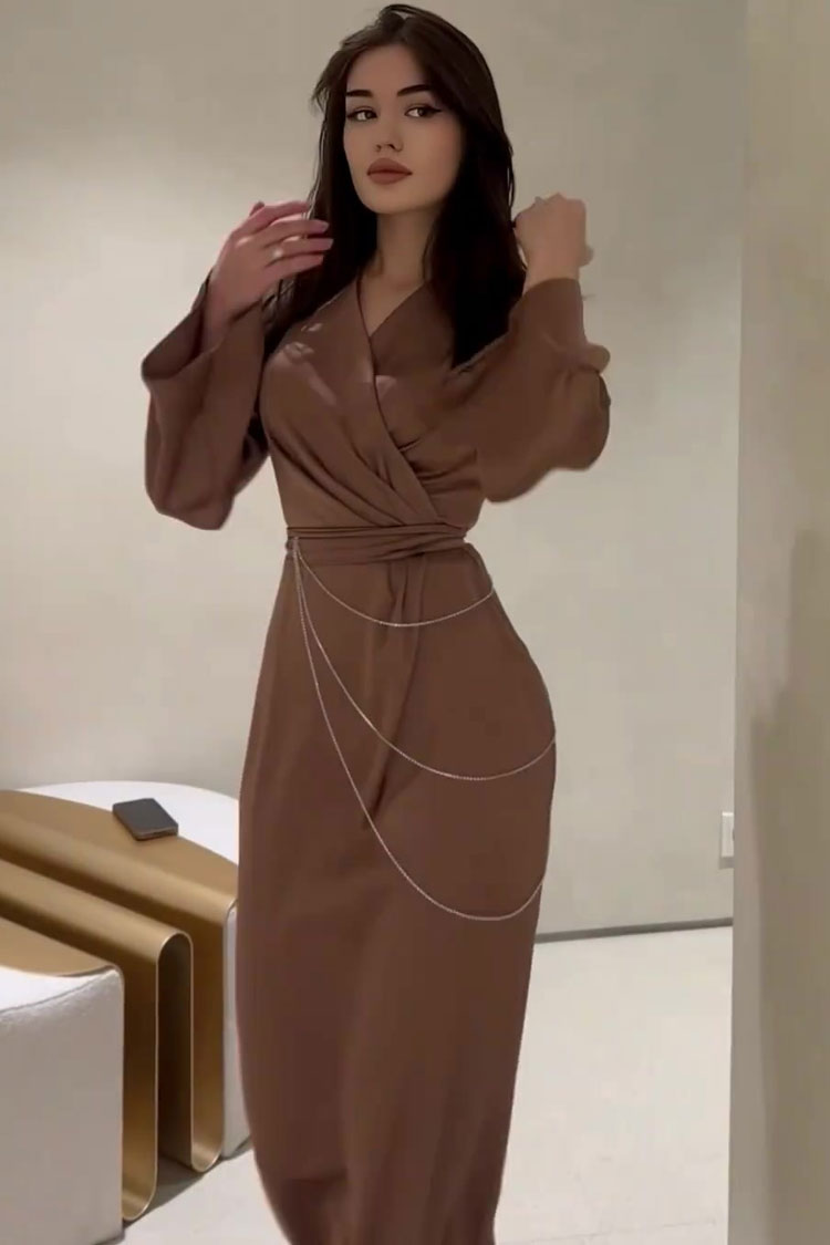 Premium Wrap V Neck Rhinestone Chain Belted Silky Satin Maxi Dress - Brown