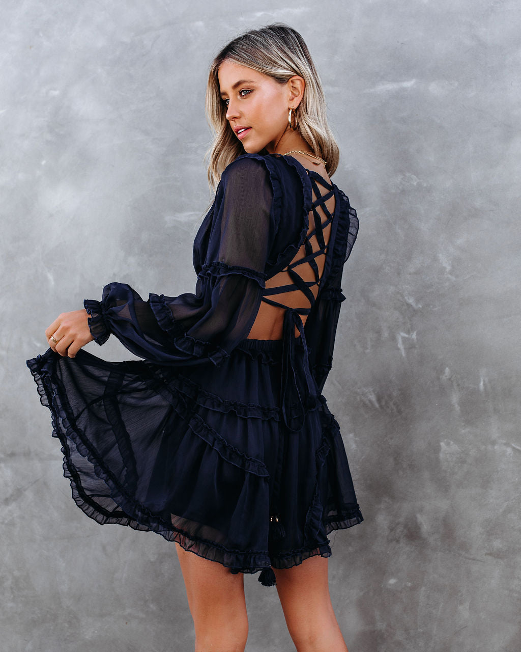 Ruffle Marie Tiered Cutout Dress Navy