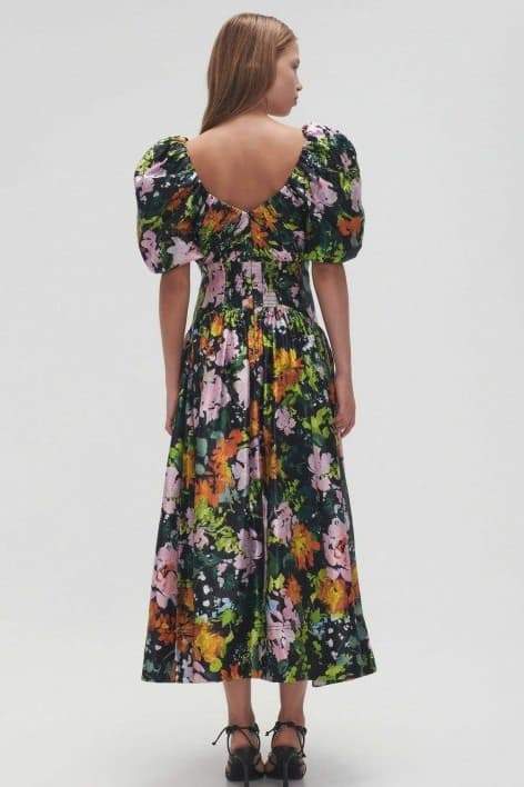 Premium Melisa Printed Midi Dress with V Neck and Puff Sleeves Elevated Occasion Wear