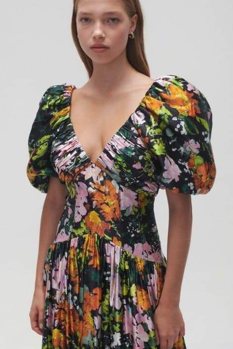 Exclusive Xaviera Printed Midi Dress with V Neck and Puff Sleeves Premium Wardrobe Essential