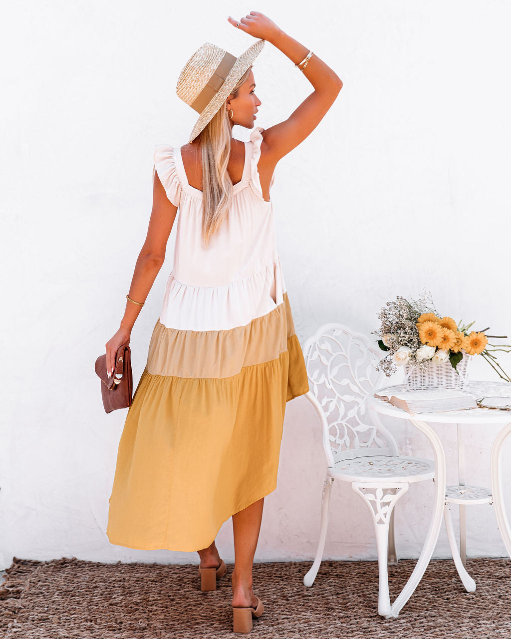 Of Melody Summer Pocketed High Low Tiered Midi Dress Mustard