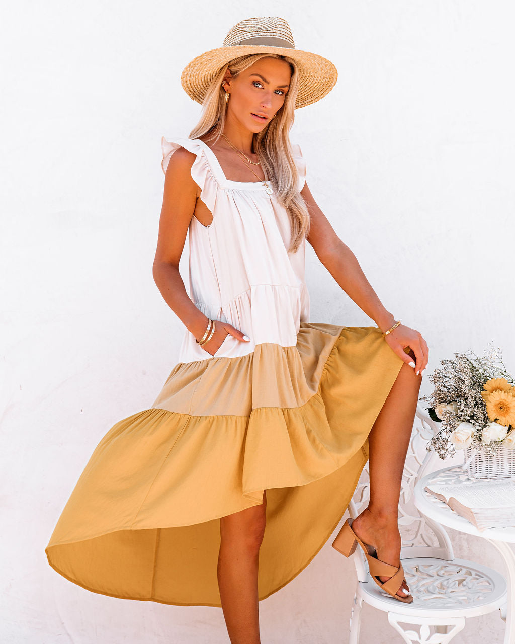 Of Melody Summer Pocketed High Low Tiered Midi Dress Mustard