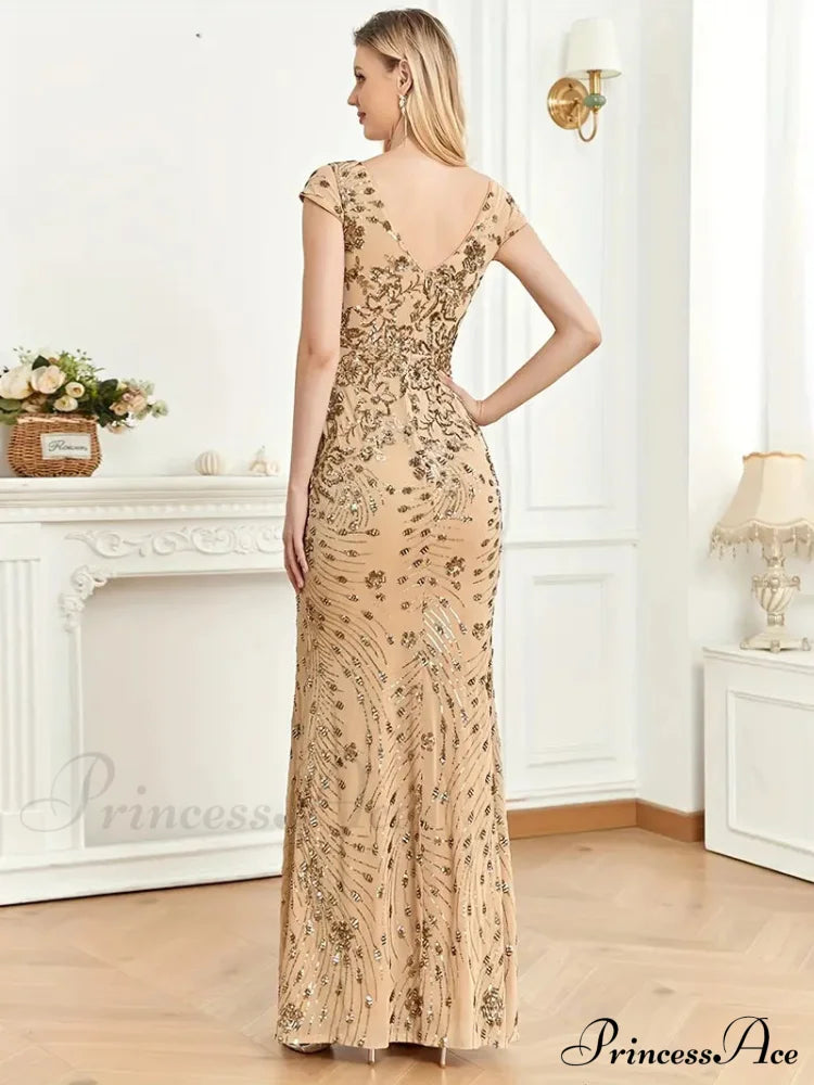 Mesh V Neck Sequin Cap Sleeved Ankle Prom Dress