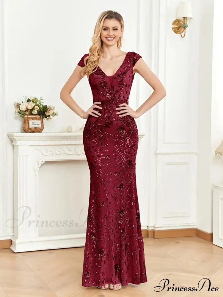 Mesh V Neck Sequin Cap Sleeved Ankle Prom Dress