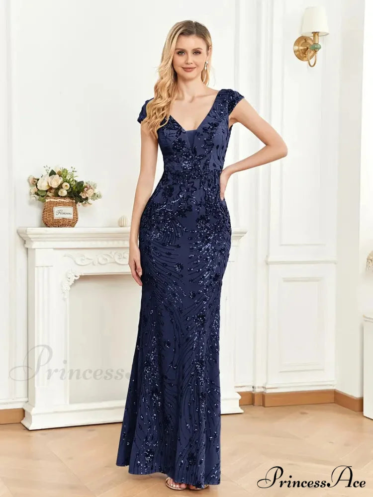 Mesh V Neck Sequin Cap Sleeved Ankle Prom Dress