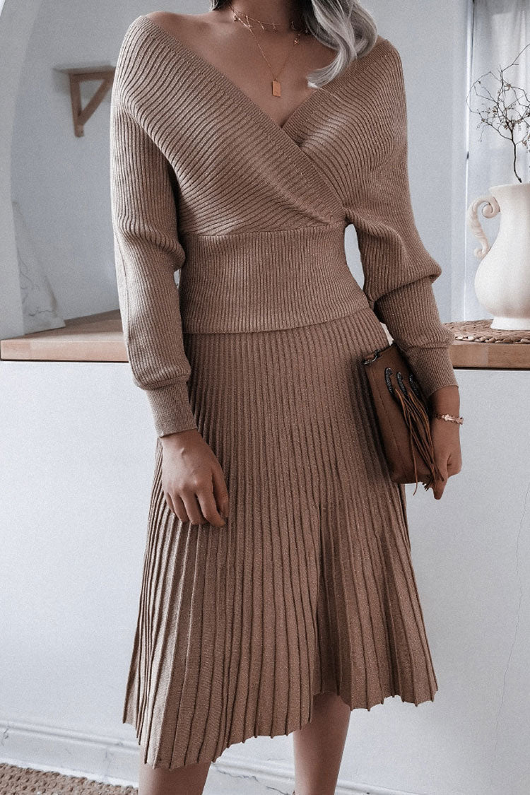 Lurex Metallic Rib Knit Off Shoulder Sweater Two Piece Midi Dress - Coffee
