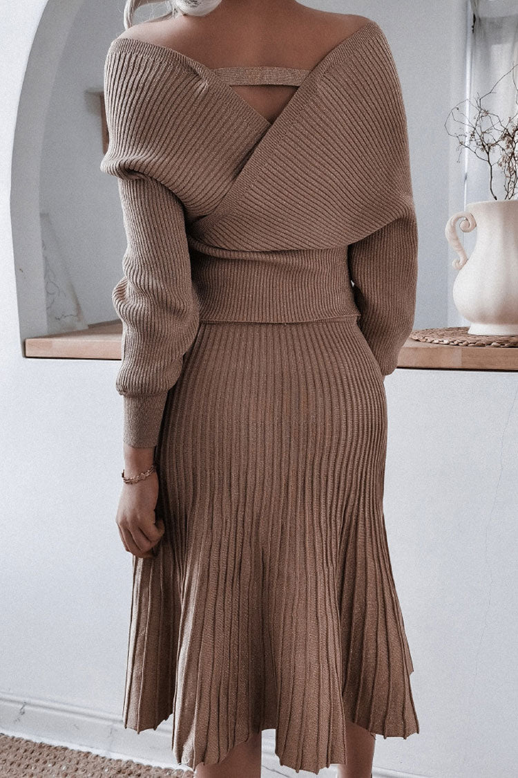 Lurex Metallic Rib Knit Off Shoulder Sweater Two Piece Midi Dress - Coffee