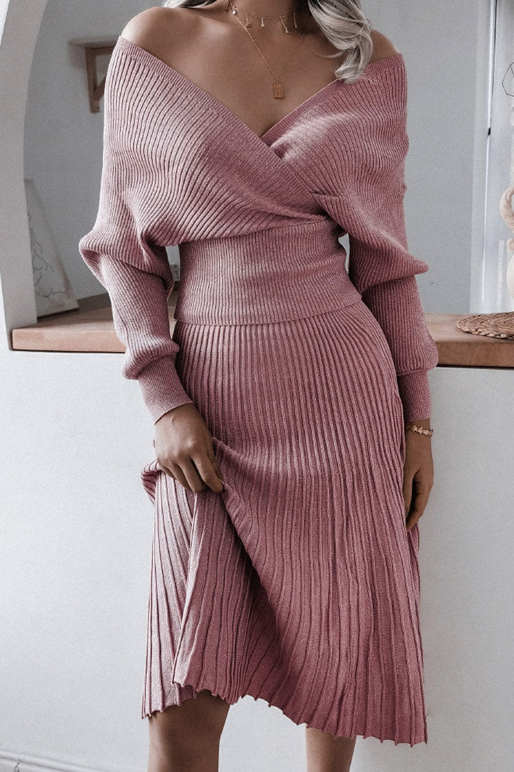 Lurex Metallic Rib Knit Off Shoulder Sweater Two Piece Midi Dress - Dusty Pink