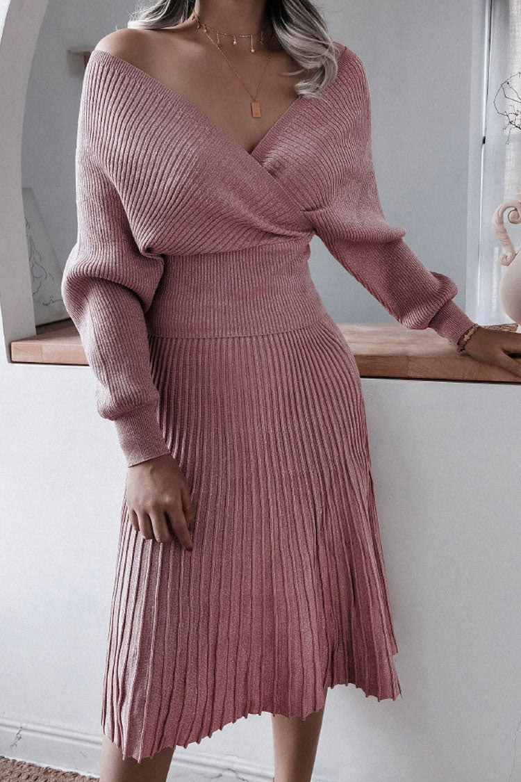 Lurex Metallic Rib Knit Off Shoulder Sweater Two Piece Midi Dress - Dusty Pink