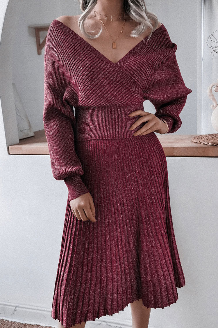 Lurex Metallic Rib Knit Off Shoulder Sweater Two Piece Midi Dress - Burgundy
