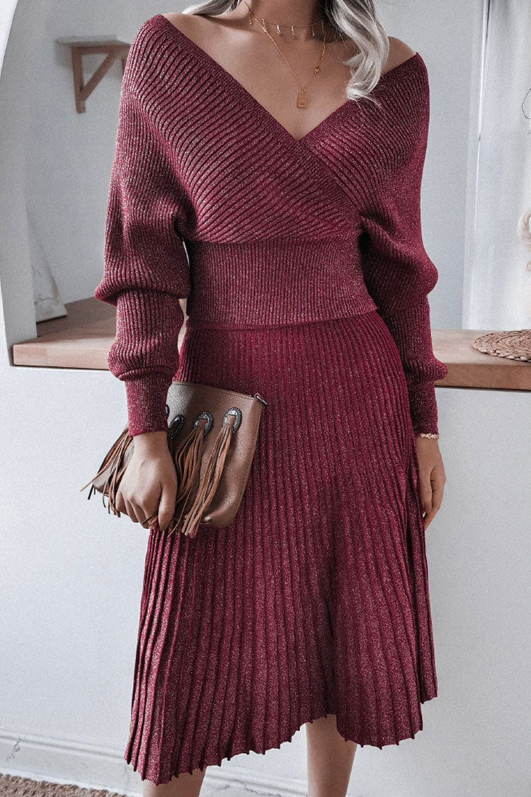 Lurex Metallic Rib Knit Off Shoulder Sweater Two Piece Midi Dress - Burgundy