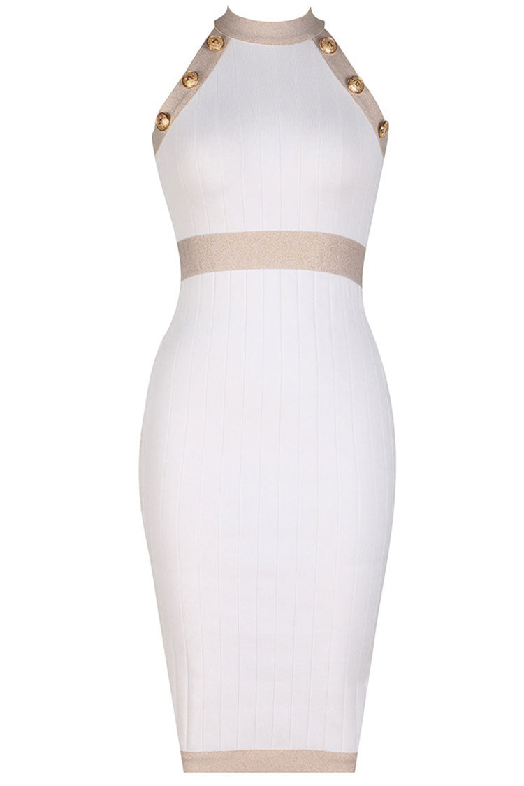 Metal Military Button Contrast Sleeveless Bodycon Sweater Midi Dress - White