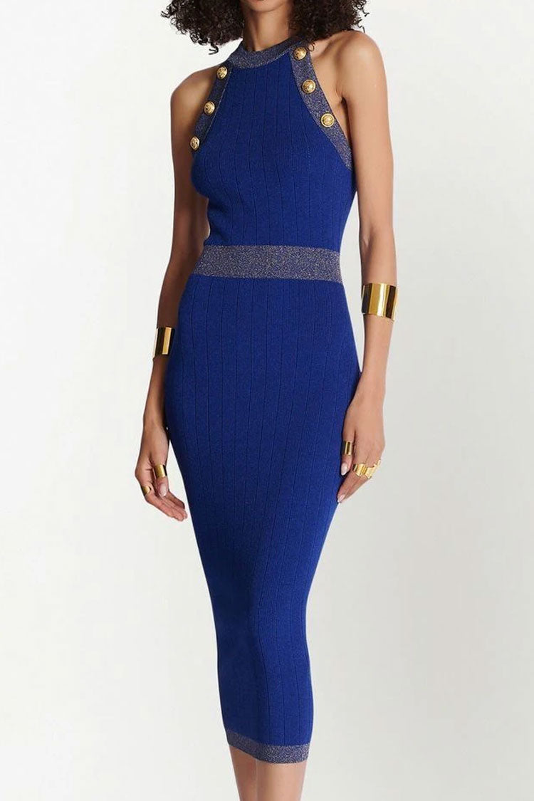 Metal Military Button Trim Sleeveless Sweater Midi Dress - Royal Blue