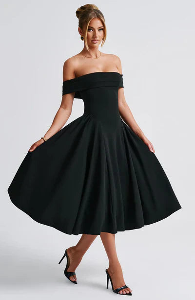 Off Mila Shoulder Pleated Midi Dress