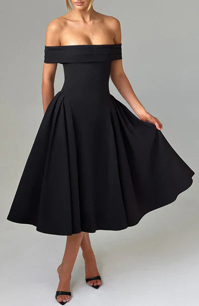 Off Mila Shoulder Pleated Midi Dress