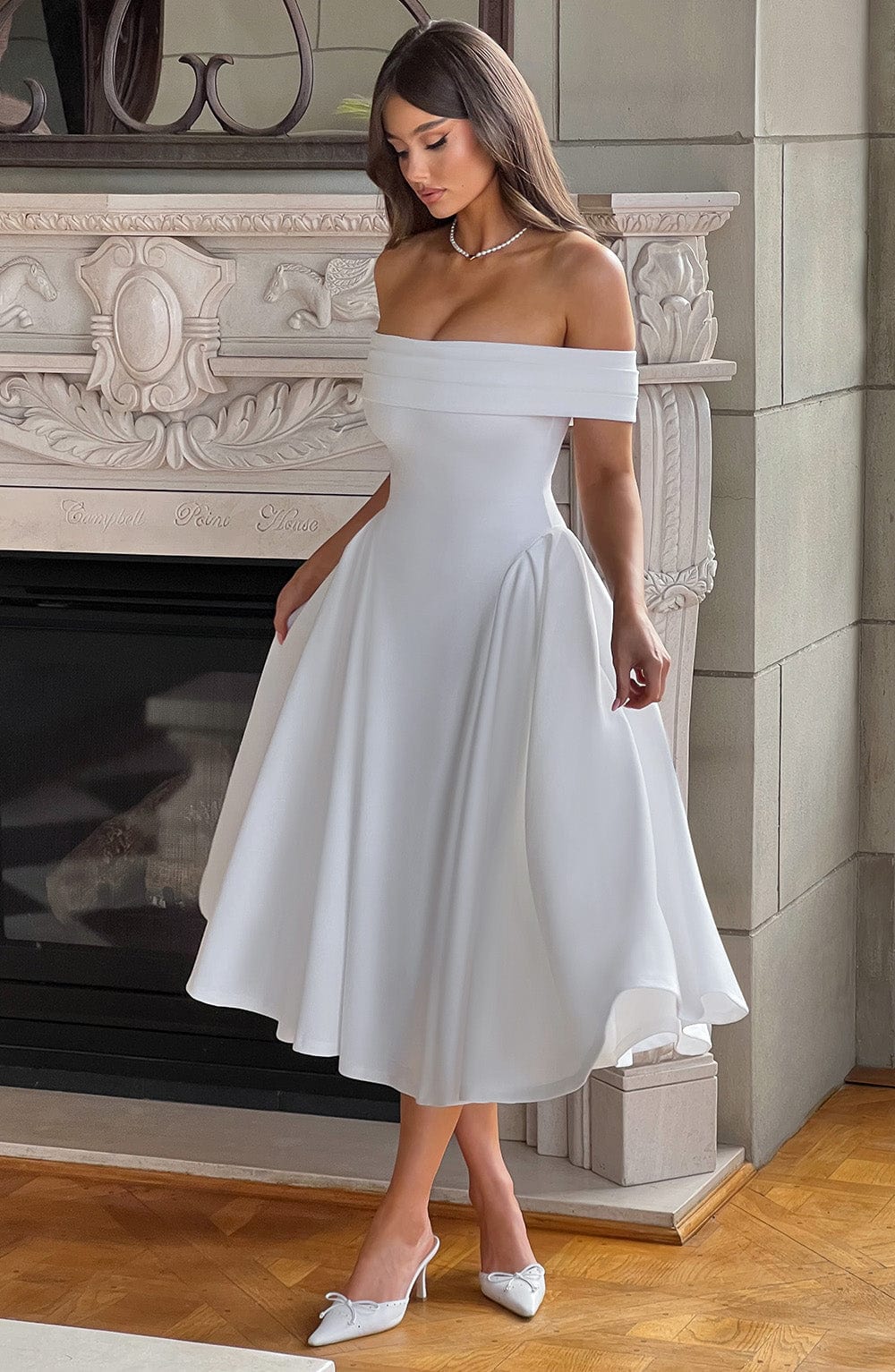 Off Mila Shoulder Pleated Midi Dress