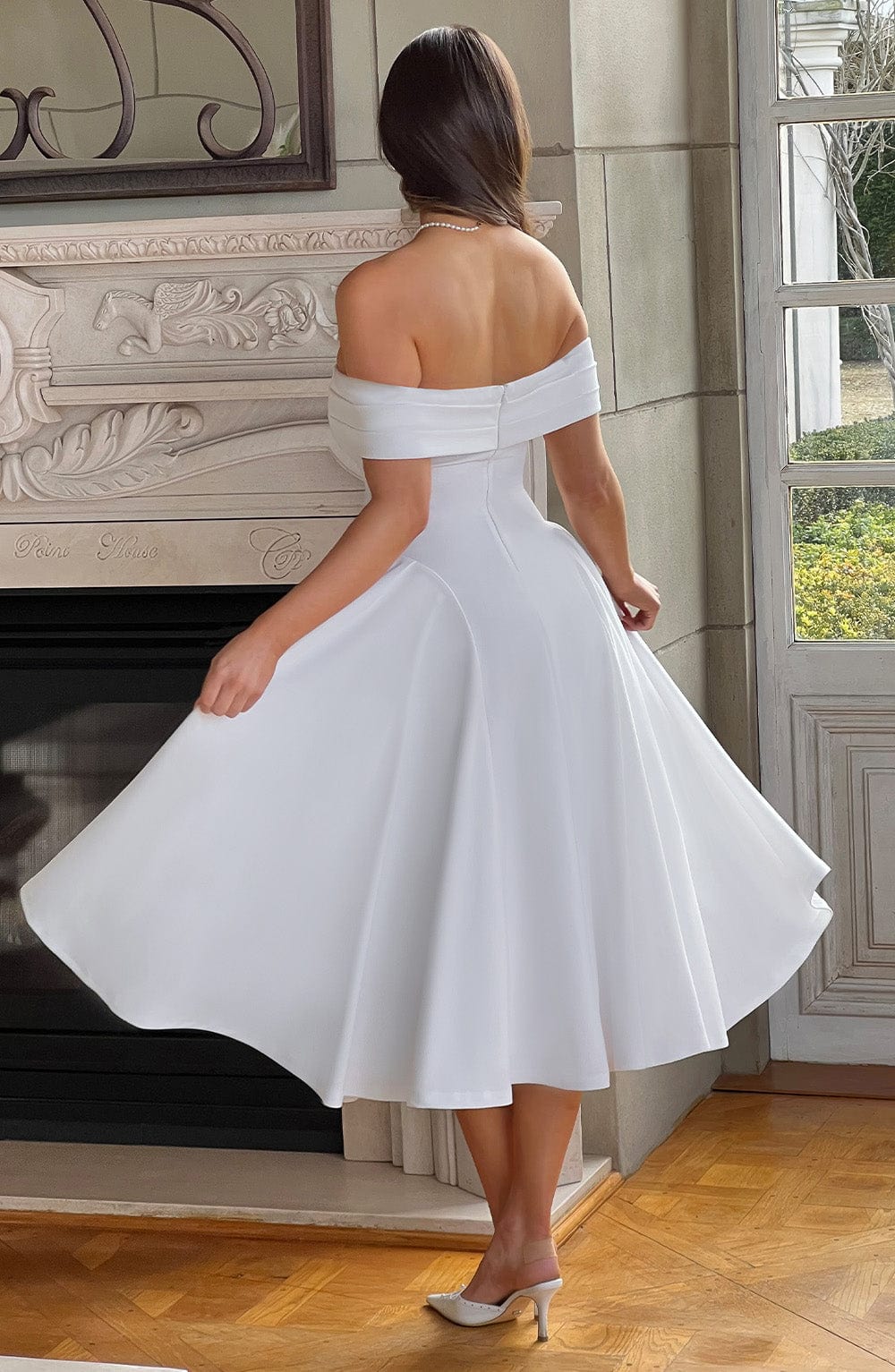 Off Mila Shoulder Pleated Midi Dress