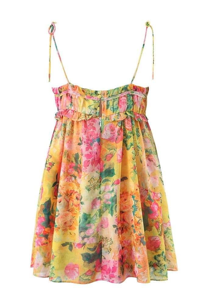 Leonor Minimalist Chiffon Mini Dress with Botanical Print Evening Wear Edit