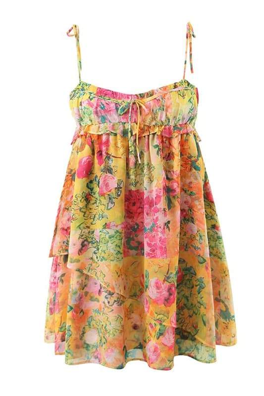 Leonor Minimalist Chiffon Mini Dress with Botanical Print Evening Wear Edit
