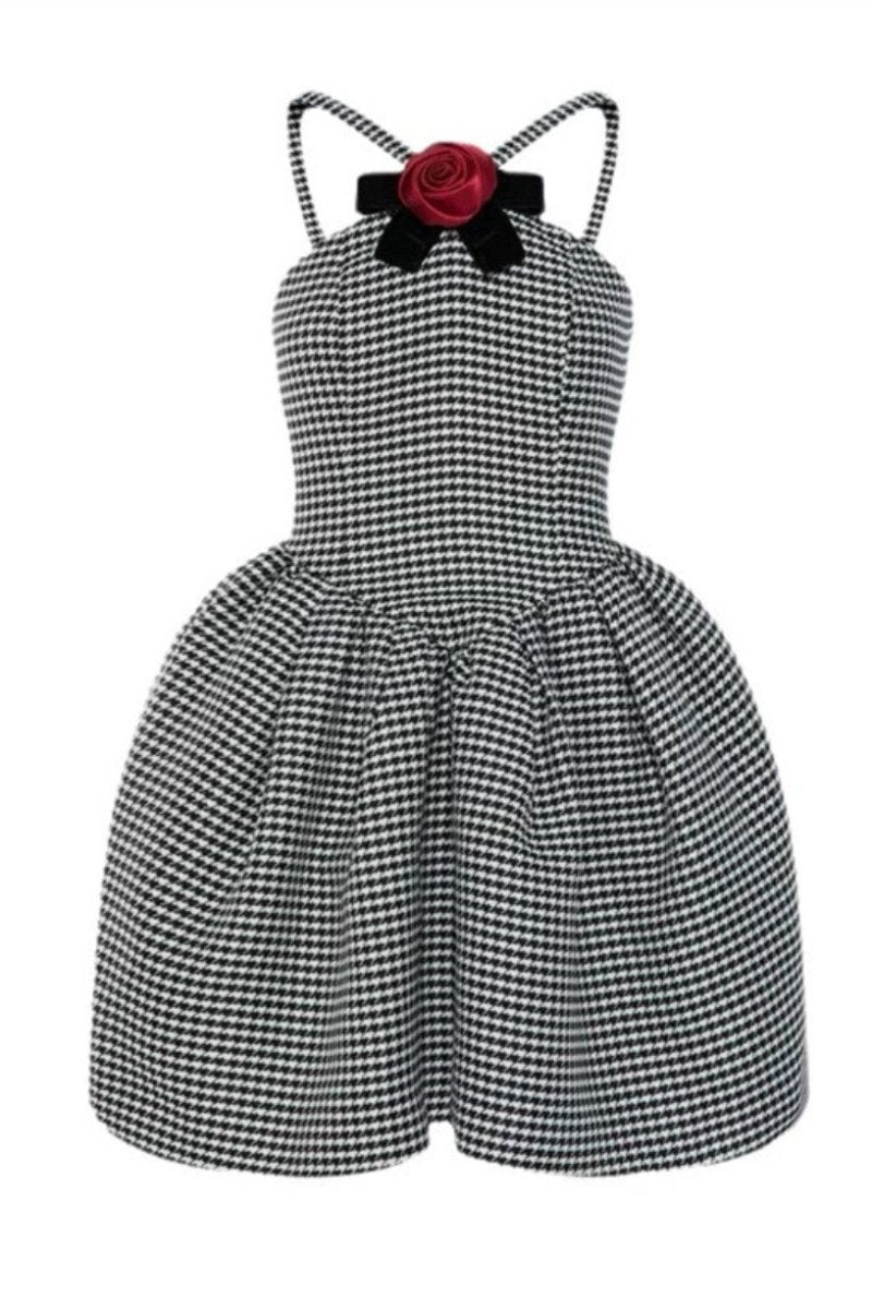 Elevated Harriet a Line Mini Dress with Houndstooth Rose Bow Trim Chic Silhouette Collection