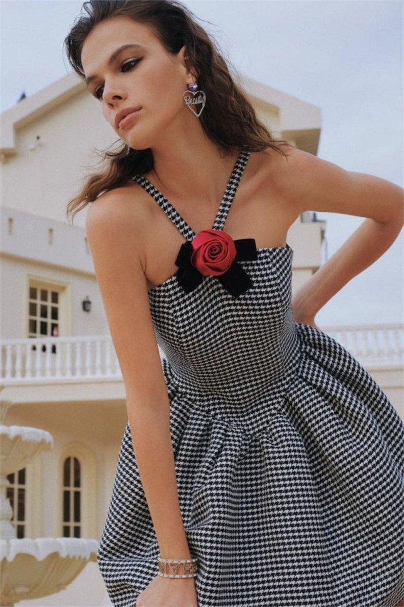 Elevated Harriet a Line Mini Dress with Houndstooth Rose Bow Trim Chic Silhouette Collection